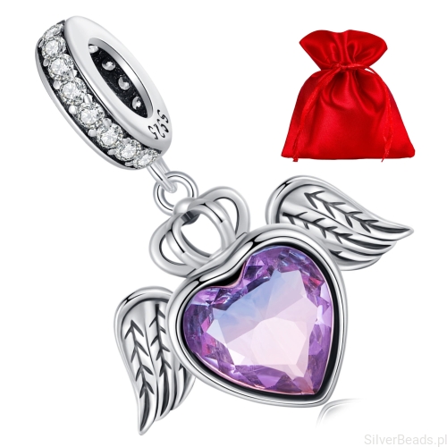 Elegancki satynowy woreczek gratis do zamówienia koralika charms Serce w koronie ze skrzydłami srebrna zawieszka charms