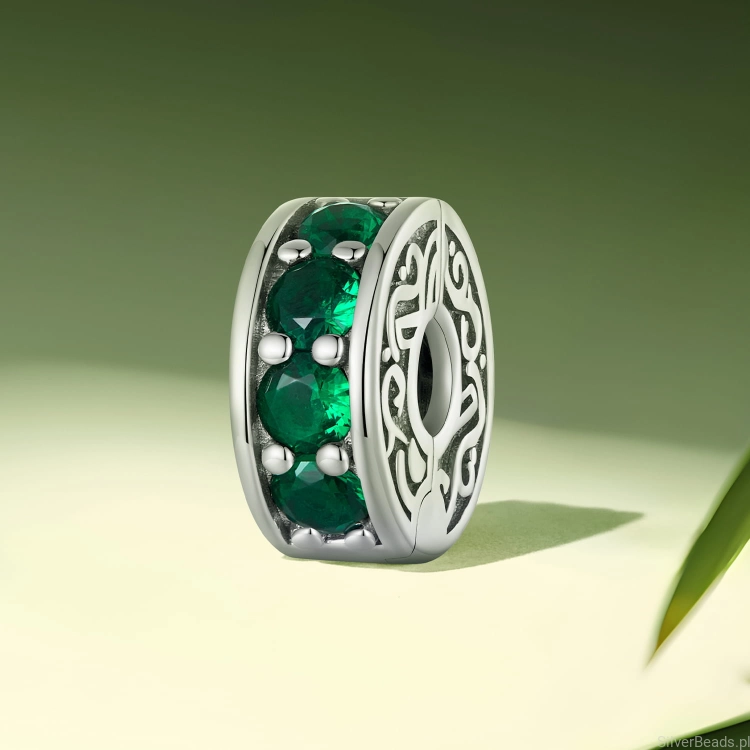 Charms srebro 925 Spinka ze srebra i zielonych kryształów koralik do bransoletki modułowej charms