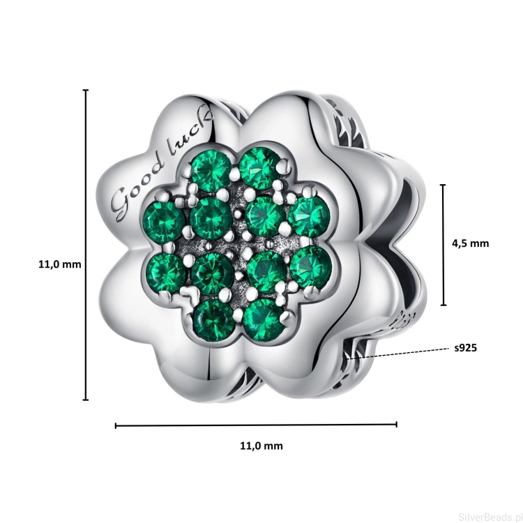 Wielkość koralika charms ze srebra próby 925 beads Czterolistna koniczynka ozdobiona zielonymi kryształami