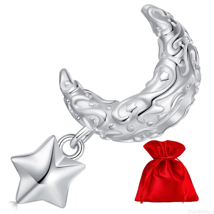 Elegancki satynowy woreczek gratis do zamówienia koralika charms Księżyc z gwiazdką ozdobione ornamentem