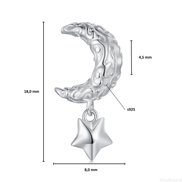 Wielkość koralika charms ze srebra próby 925 beads Księżyc z gwiazdką ozdobione ornamentem