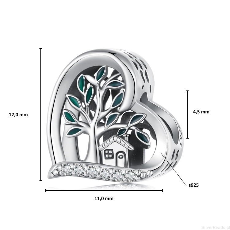 Wielkość koralika charms ze srebra próby 925 beads Serce z domkiem pod drzewem ozdobione kryształkami