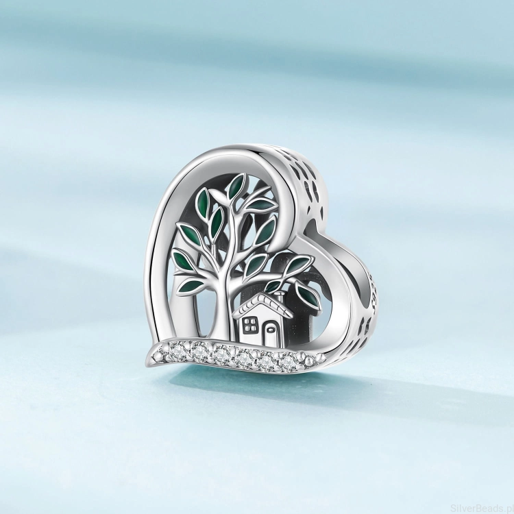 Charms ze srebra próby 925 Serce z domkiem pod drzewem ozdobione kryształkami
