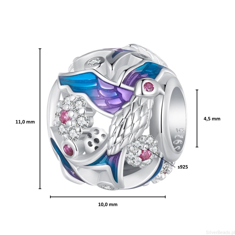 Wielkość koralika charms ze srebra próby 925 beads Kula z ptaszków i kwiatków ozdobiona emalią i kryształkami