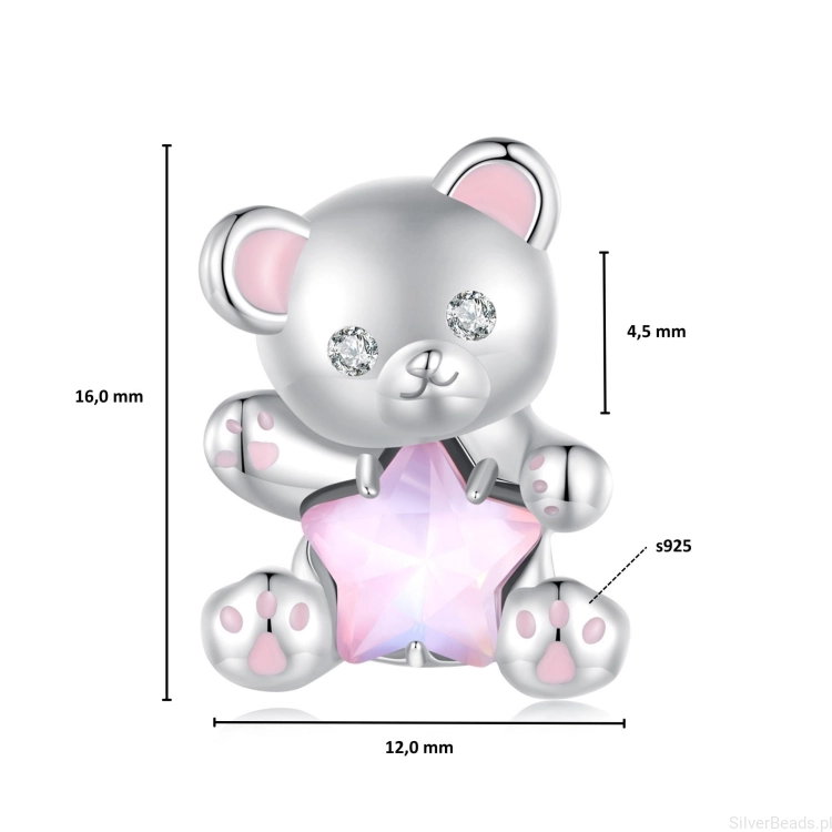 Wielkość koralika charms ze srebra próby 925 beads Miś z różową gwiazdką z kryształu