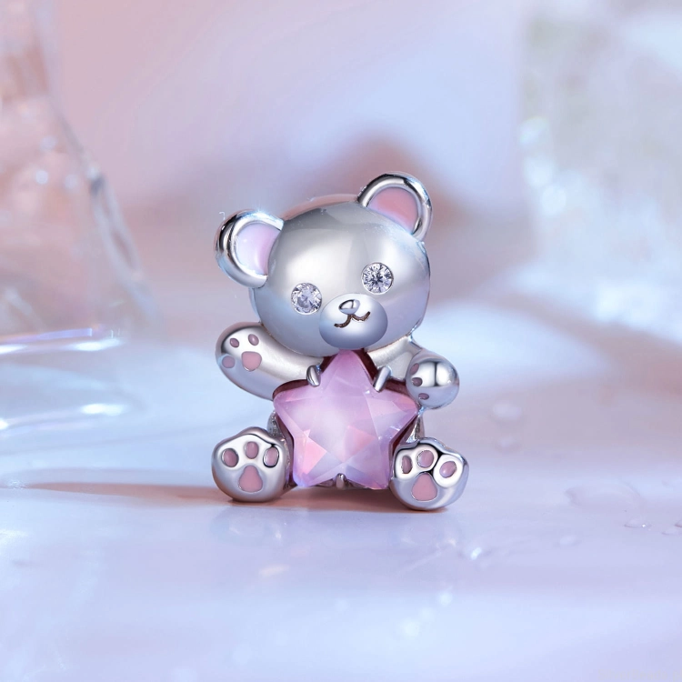Charms srebro 925 Miś z różową gwiazdką z kryształu koralik do bransoletki modułowej charms