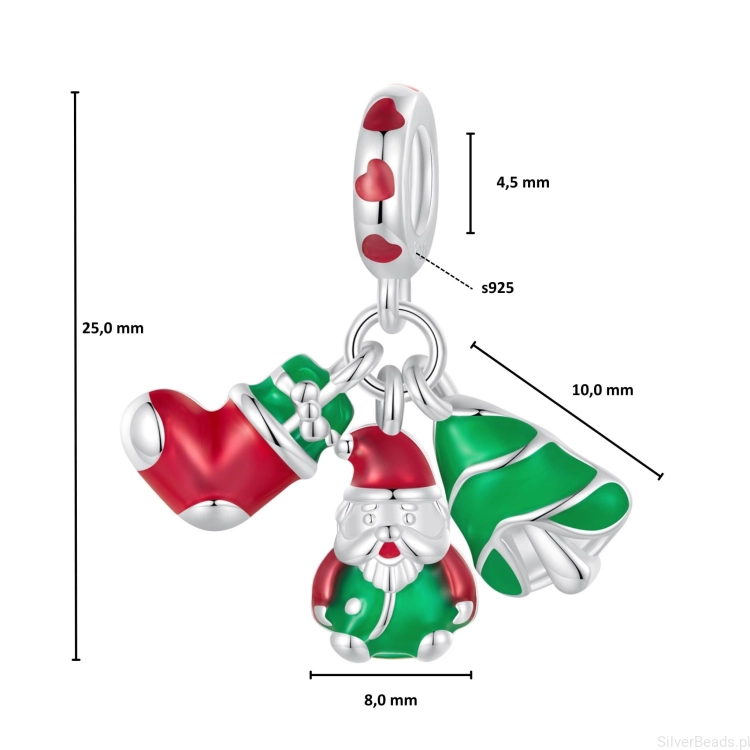 wymiary zawieszki charms ze srebra próby 925 koralik Świąteczny charms choinka, skarpeta i Mikołaj