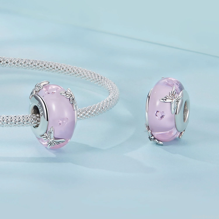 Charms ze srebra próby 925 Różowy szklany charms ze srebrnymi motylkami