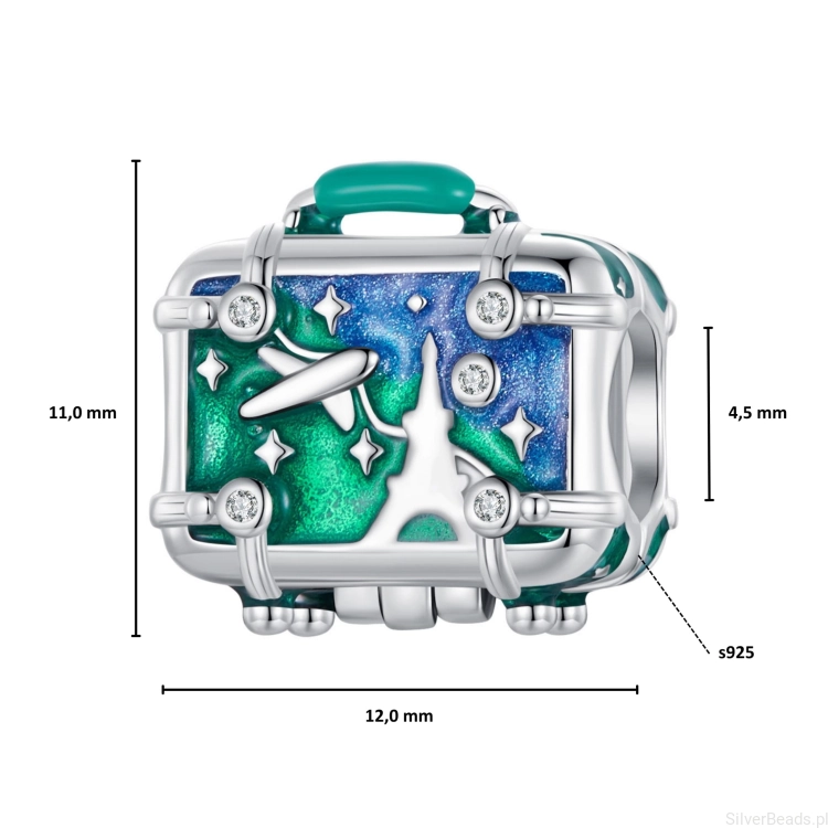 Wielkość koralika charms ze srebra próby 925 beads Zapinana walizka podróżnika z samolotem i wieżą Eiffla ozdobiona emalią i kryształkami