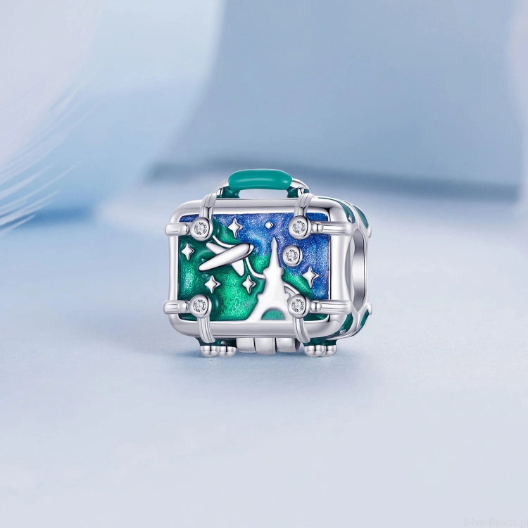 Charms srebro 925 Zapinana walizka podróżnika z samolotem i wieżą Eiffla ozdobiona emalią i kryształkami koralik do bransoletki modułowej charms