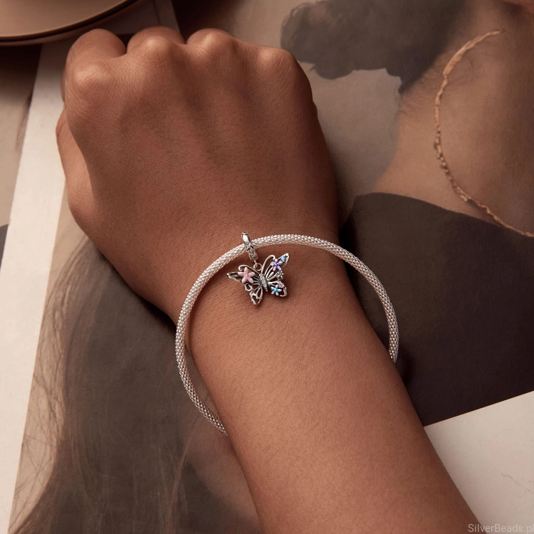 Charms srebro 925 Motyl ozdobiony kolorowymi kwiatami i kryształkami koralik do bransoletki modułowej charms