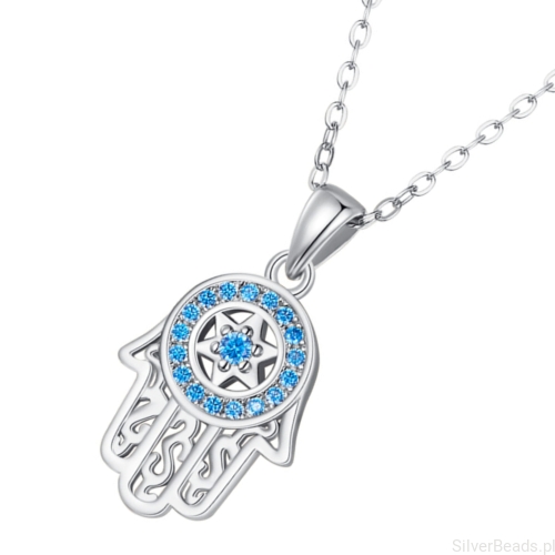 Srebrny naszyjnik Amulet ręka Fatimy ozdobiona kryształkami