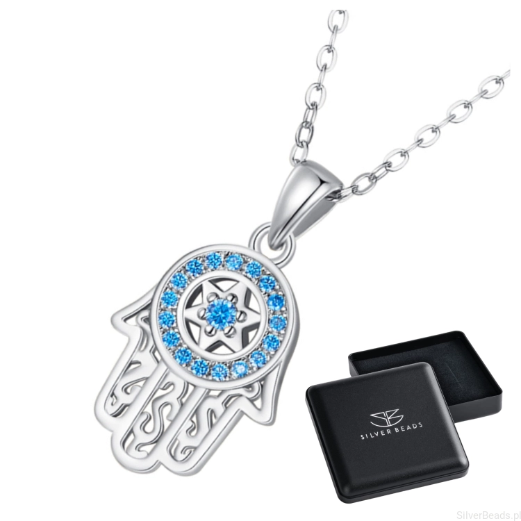 Kopia Eleganckie prezentowe pudełeczko gratis do srebrnego naszyjnika  Amulet ręka Fatimy ozdobiona kryształkami