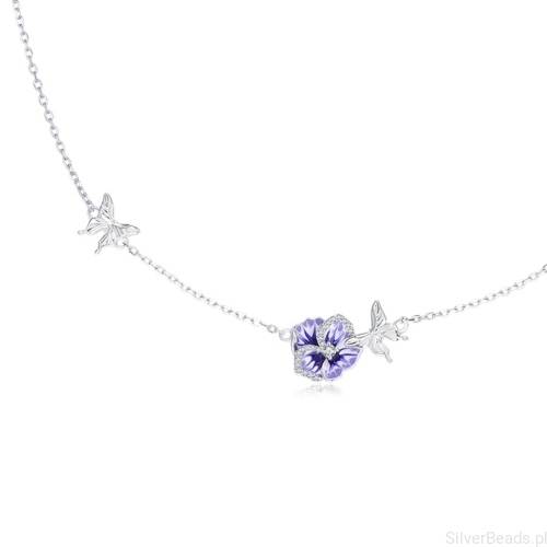 Srebrny naszyjnik Motylki i kolorowy kwiat orchidei ozdobiony emalią i kryształkami