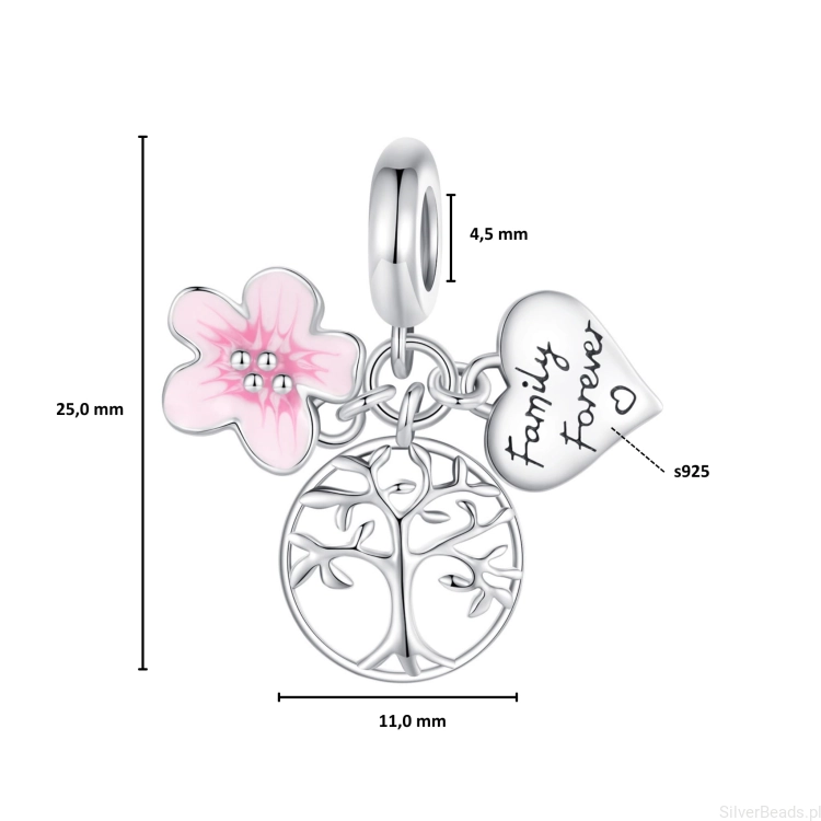 Wymiary koralika charms ze srebra próby 925 beads Drzewo, serce i różowy kwiat