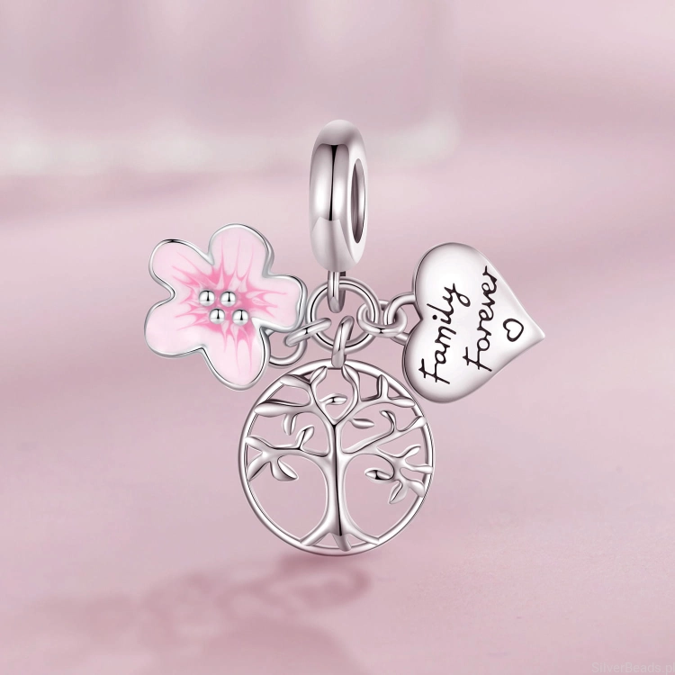 Charms srebro 925 Drzewo, serce i różowy kwiat koralik do bransoletki modułowej charms