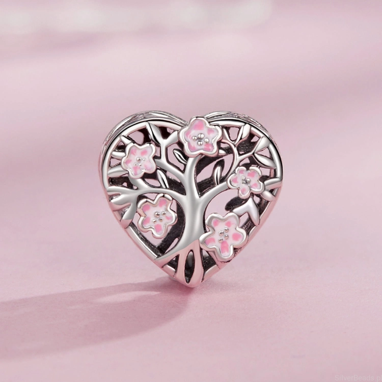 Charms srebro 925 Serce z różowymi kwiatami koralik do bransoletki modułowej charms