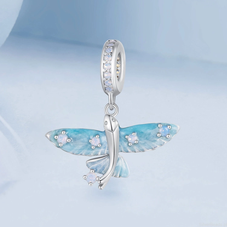 Charms srebro 925 Latająca błękitna ryba ozdobiona kryształkami koralik do bransoletki modułowej charms