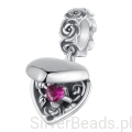 Srebrna zawieszka charms Vintage otwierane serce z kryształowym rubinowym serduszkiem w środku