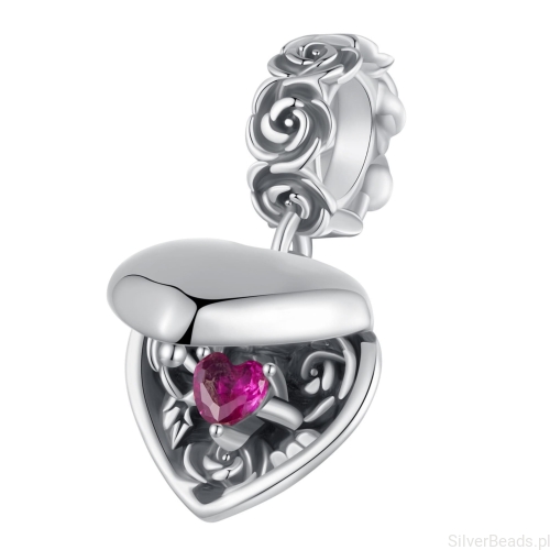 Srebrna zawieszka charms Vintage otwierane serce z kryształowym rubinowym serduszkiem w środku