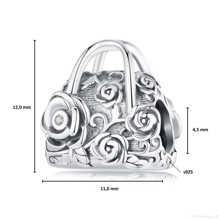 Wymiary srebrnego koralika charms vintage torebka ozdobiona kwiatami róż