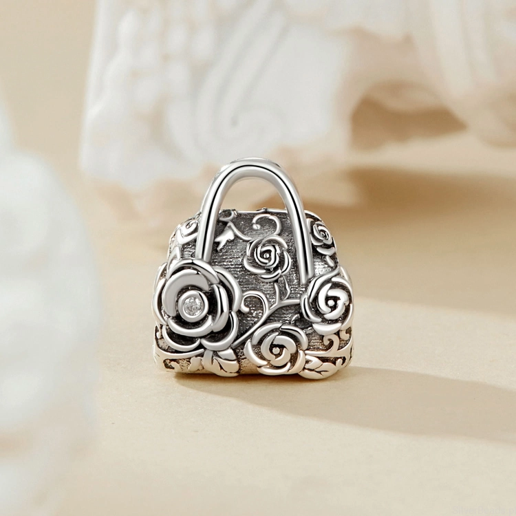 Charms srebro 925 vintage torebka ozdobiona kwiatami róż koralik do bransoletki modułowej charms