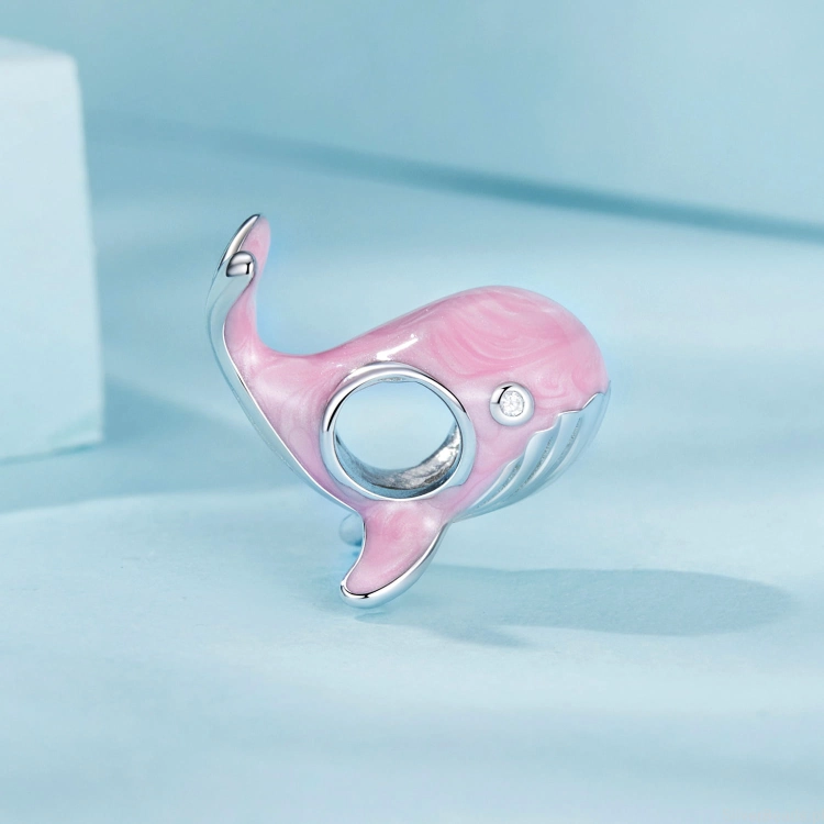 Charms ze srebra próby 925 Różowy emaliowany wieloryb z kryształowymi oczami