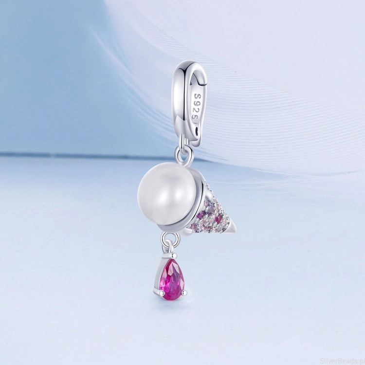 Charms ze srebra próby 925 Rożek lodowy z  perłą ozdobiony kryształkami