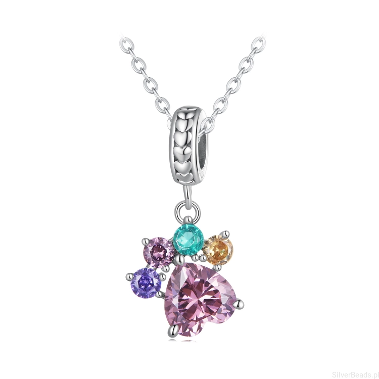 Charms ze srebra próby 925 Kryształowa psia łapka z serduszkiem