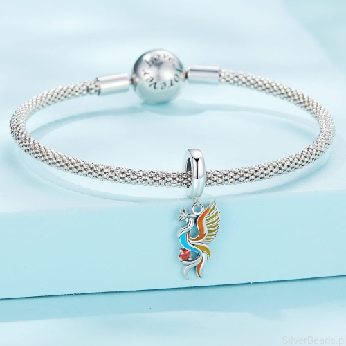 Srebrna modułowa bransoletka typu Pandora i charms Kolorowy ptak Fenix