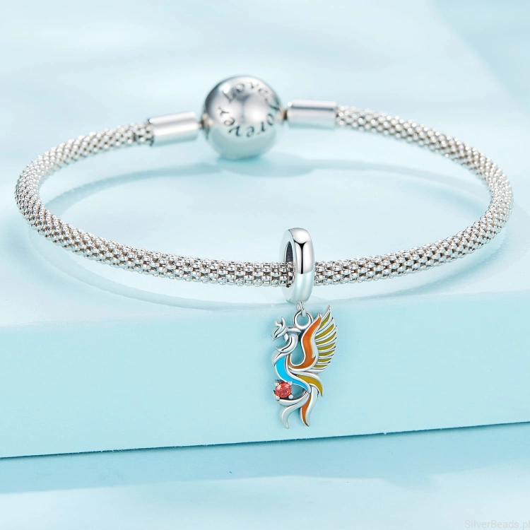 Srebrna modułowa bransoletka typu Pandora i charms Kolorowy ptak Fenix