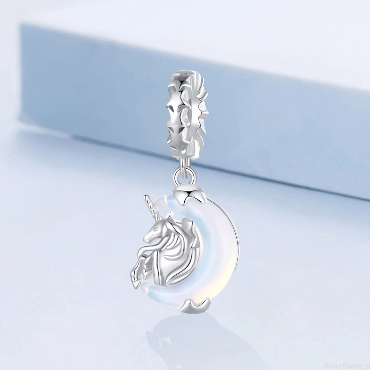Charms srebro 925 Błękitny księżyc z jednorożcem koralik do bransoletki modułowej charms