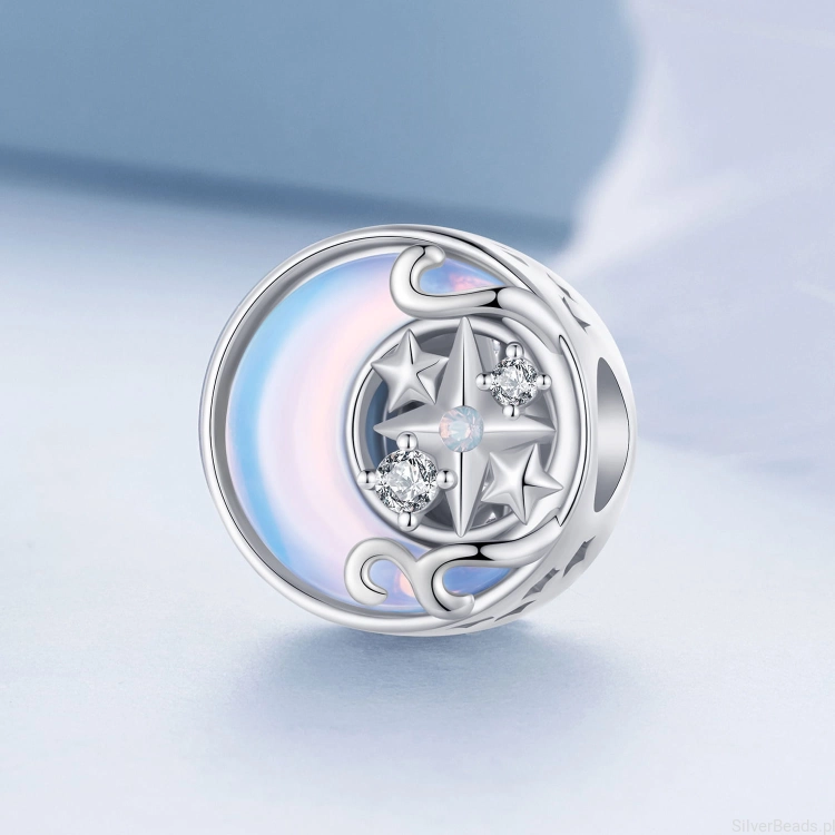 Charms srebro 925 Błękitny księżyc z gwiazdką koralik do bransoletki modułowej charms