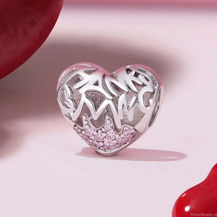 Charms ze srebra próby 925 Serce z różowymi kryształami dla ukochanej