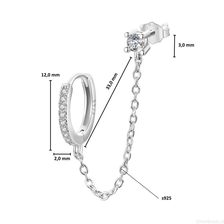 Wymiary wielkość srebrnych kolczyków. Srebrne kolczyki połączone z łańcuszkiem