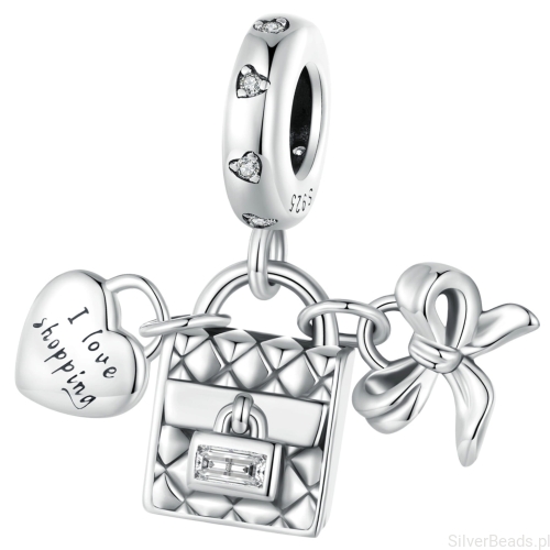 Srebrna zawieszka charms Torebka z kokardką i sercem ,,I love shopping".