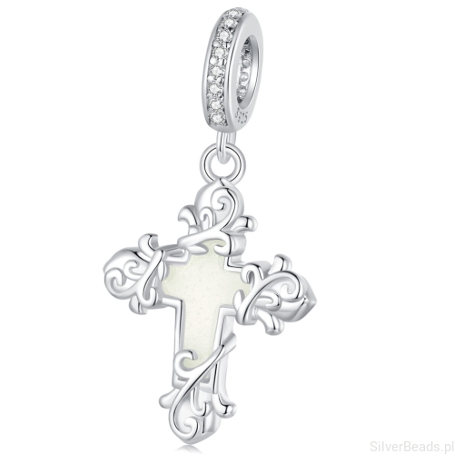 Krzyż świecący w ciemności srebrny charms zawieszka beads