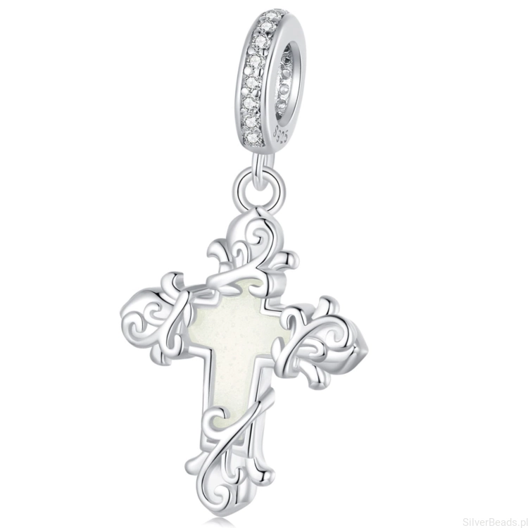 Krzyż świecący w ciemności srebrny charms zawieszka beads