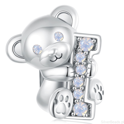 Srebrny koralik charms Miś trzymający literkę I