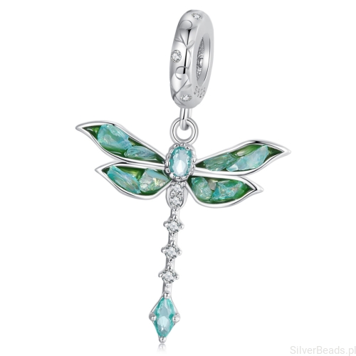 srebrny charms próba 925 zielona ważka