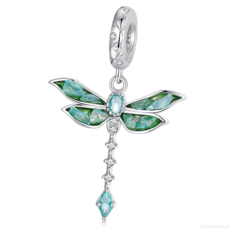 srebrny charms próba 925 zielona ważka