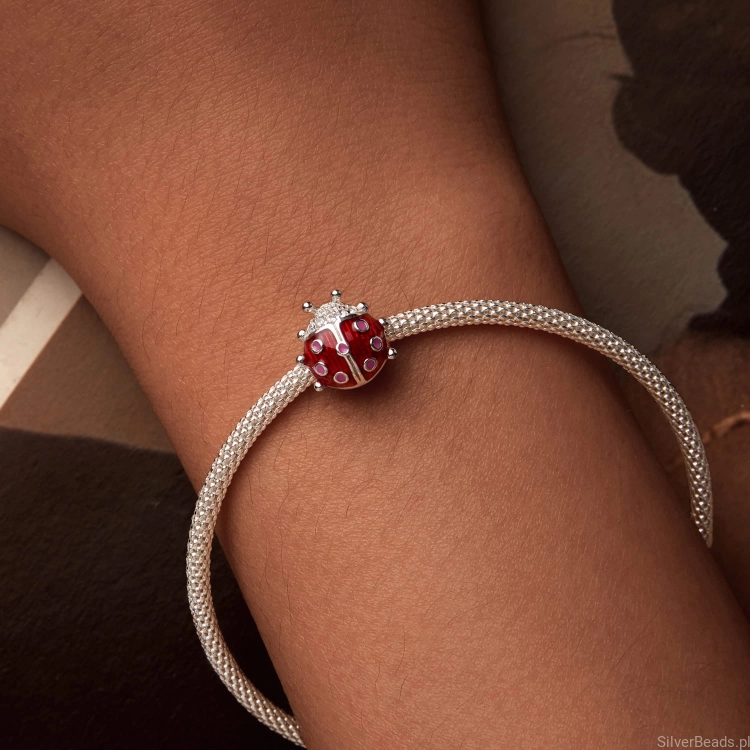 modułowa bransoletka typu pandora i srebrny charms biedronka