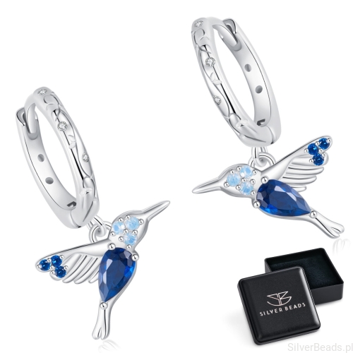 Eleganckie prezentowe pudełeczko gratis. Kolczyki ze srebra z kolibrami