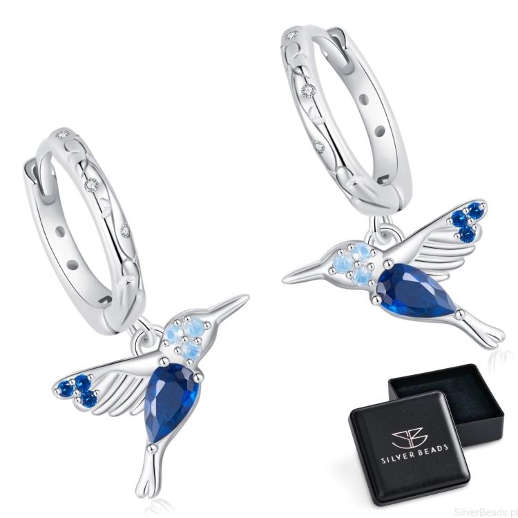 Eleganckie prezentowe pudełeczko gratis. Kolczyki ze srebra z kolibrami