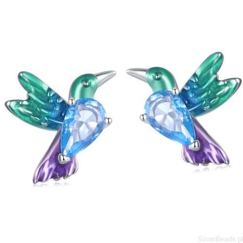 Kolorowe kolibry z niebieskimi kryształami srebrne kolczyki sztyfty