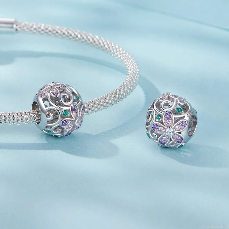 srebrny charms koralik beads kryształowe kwiaty