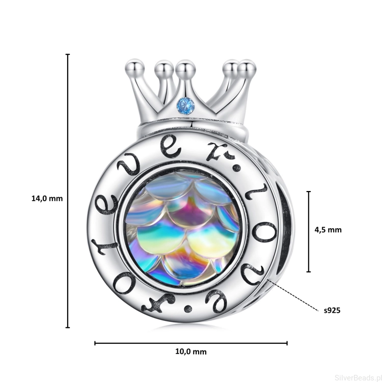 Wymiary srebrnego koralika charms  korona