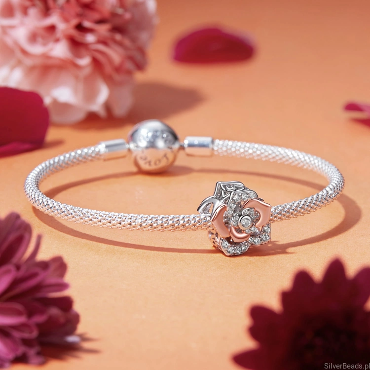 charms koralik pozłacany kwiat róży