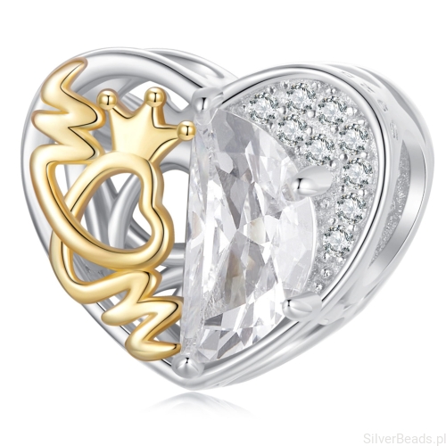 Serce królowa mama koralik srebro 925 pozłacane