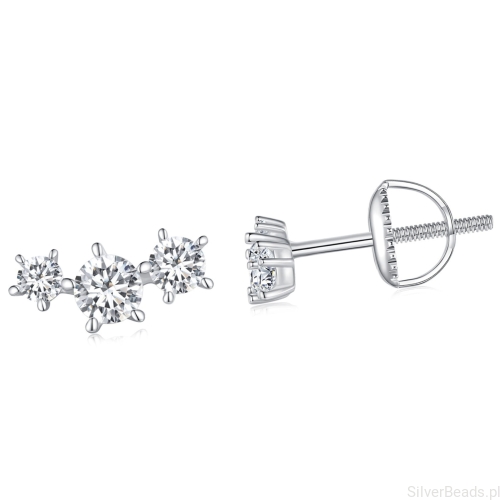 Srebrne potrójne  kolczyki sztyfty Moissanity 0,1  ct srebro 925